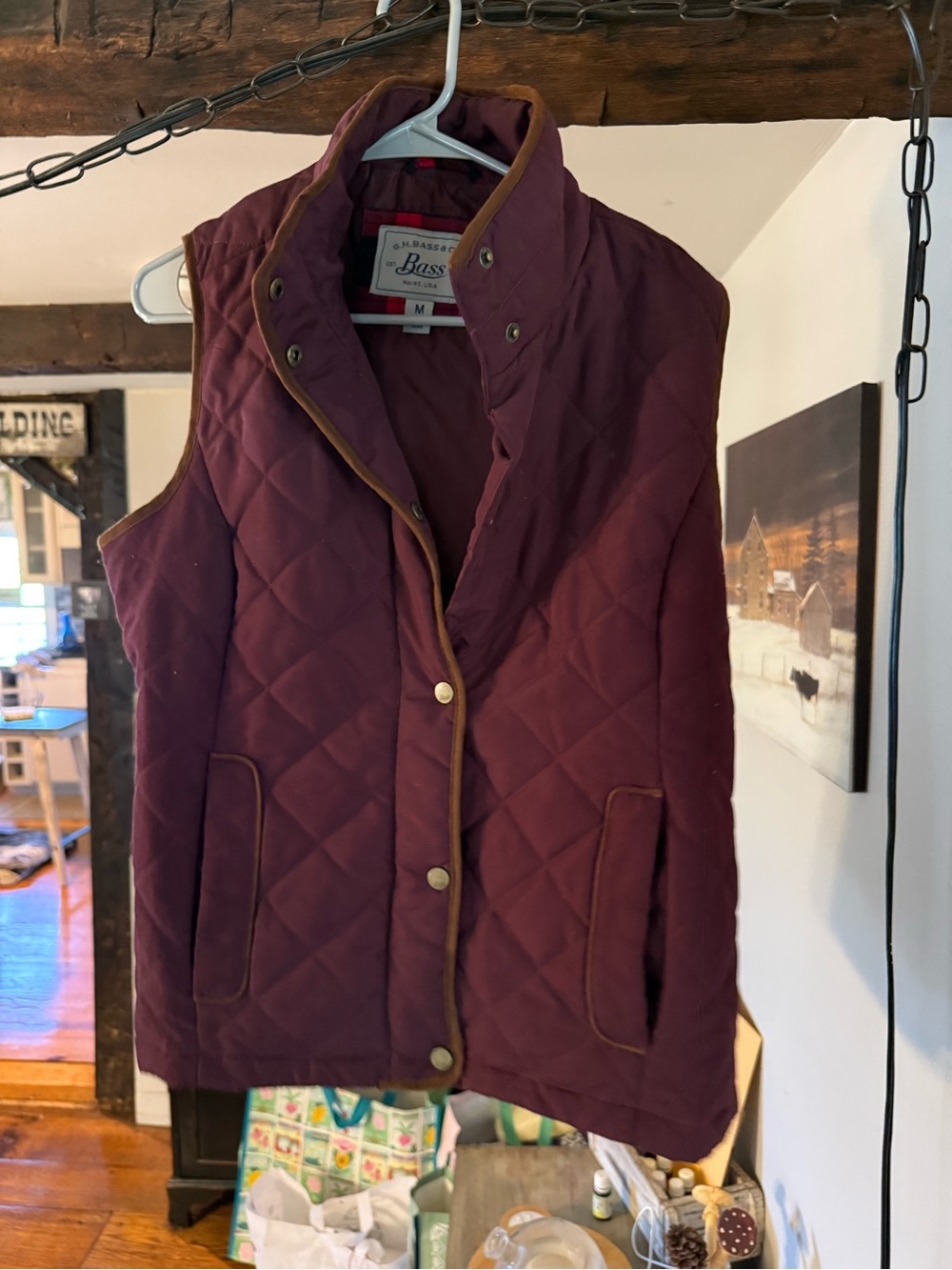 G.H. Bass & Co. Quilted Sleeveless Vest in Burgundy with Tan Trim